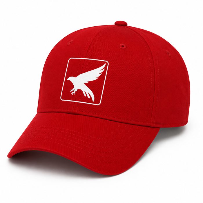 Apexpointers red cap with the white hawk logo patch on the front